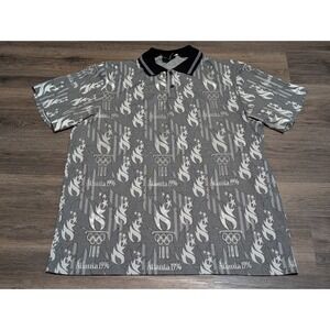 Atlanta 1996 Olympics Polo Shirt Gray Black Olympic Rings Flames Men's Size L